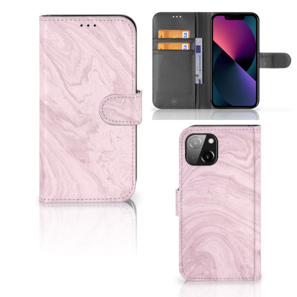 Apple iPhone 13 Bookcase Marble Pink - Origineel Cadeau Vriendin