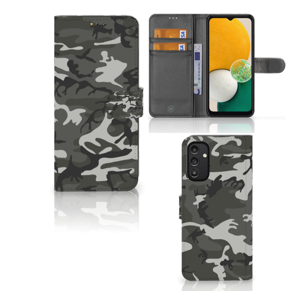Samsung Galaxy A14 5G Telefoon Hoesje Army Light met camouflage print en opbergruimte voor pasjes.