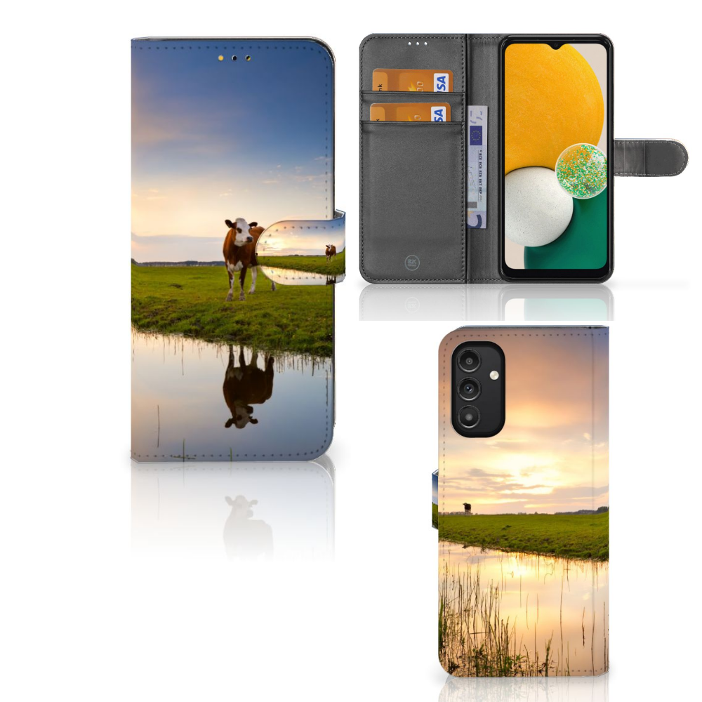 Samsung Galaxy A14 5G Telefoonhoesje met Pasjes Koe met afbeelding van een koe en ruimte voor 3 pasjes.