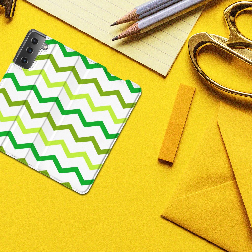 Samsung Galaxy S21 Hoesje met Magneet Zigzag Groen - B2C Telecom
