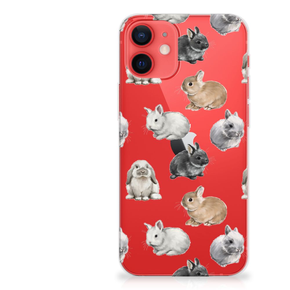 TPU Hoesje voor iPhone 12 Mini Konijntjes met schattige konijnen op een rode achtergrond