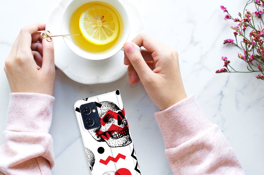 Mobiel BookCase OPPO Find X5 Lite | Reno7 5G Skull Red - B2C Telecom