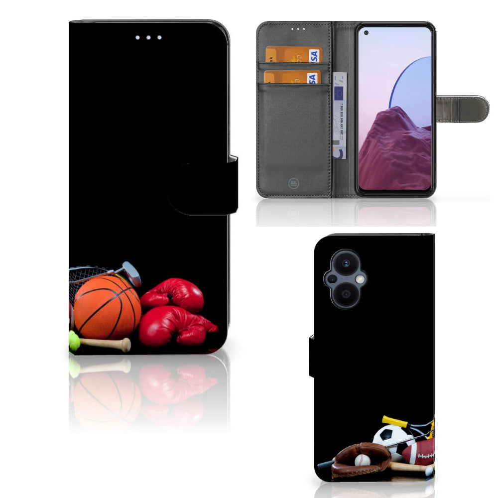 OPPO Reno 8 Lite | OnePlus Nord N20 Wallet Case met Pasjes Sports with sports equipment design including basketball and boxing gloves.