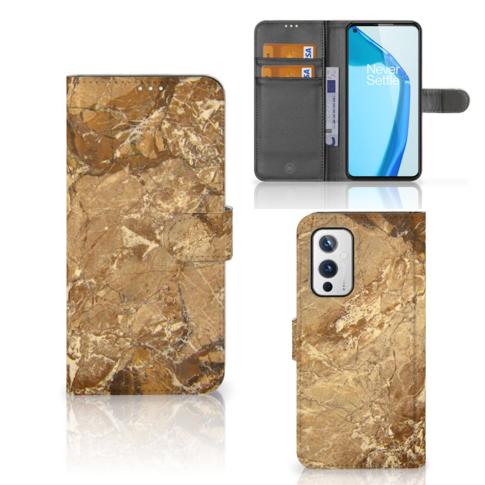 OnePlus 9 Bookcase Marmer Creme met luxe uitstraling en pasjeshouders, beschermt je telefoon perfect.