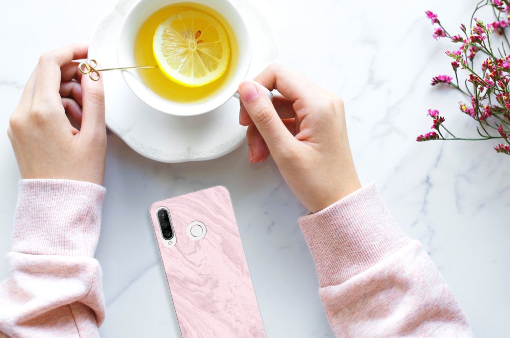 Huawei P30 Lite TPU Siliconen Hoesje Marble Pink - Origineel Cadeau Vriendin