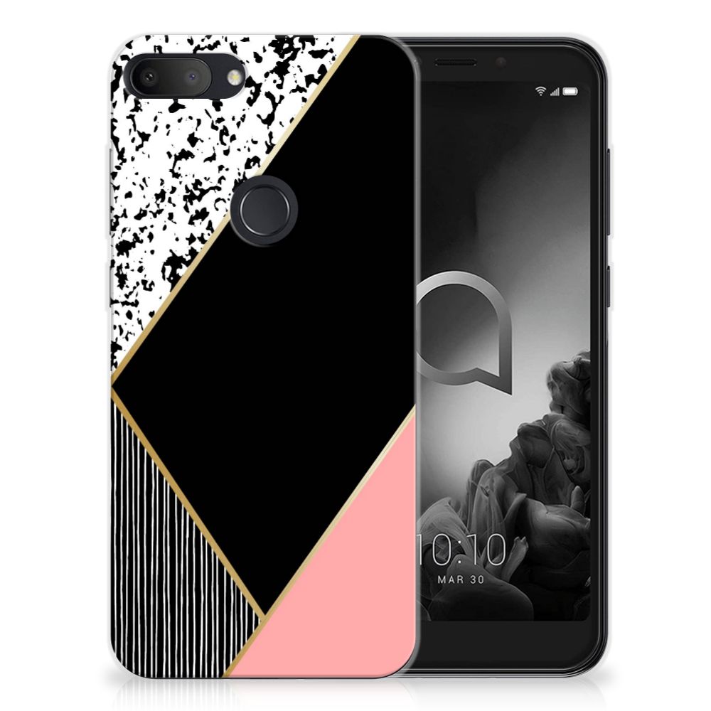 Alcatel 1S (2019) TPU Hoesje Zwart Roze Vormen