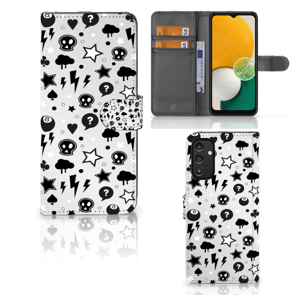 Telefoonhoesje met Naam Samsung Galaxy A14 4G Silver Punk in zwart-wit design met sterren en bliksem.