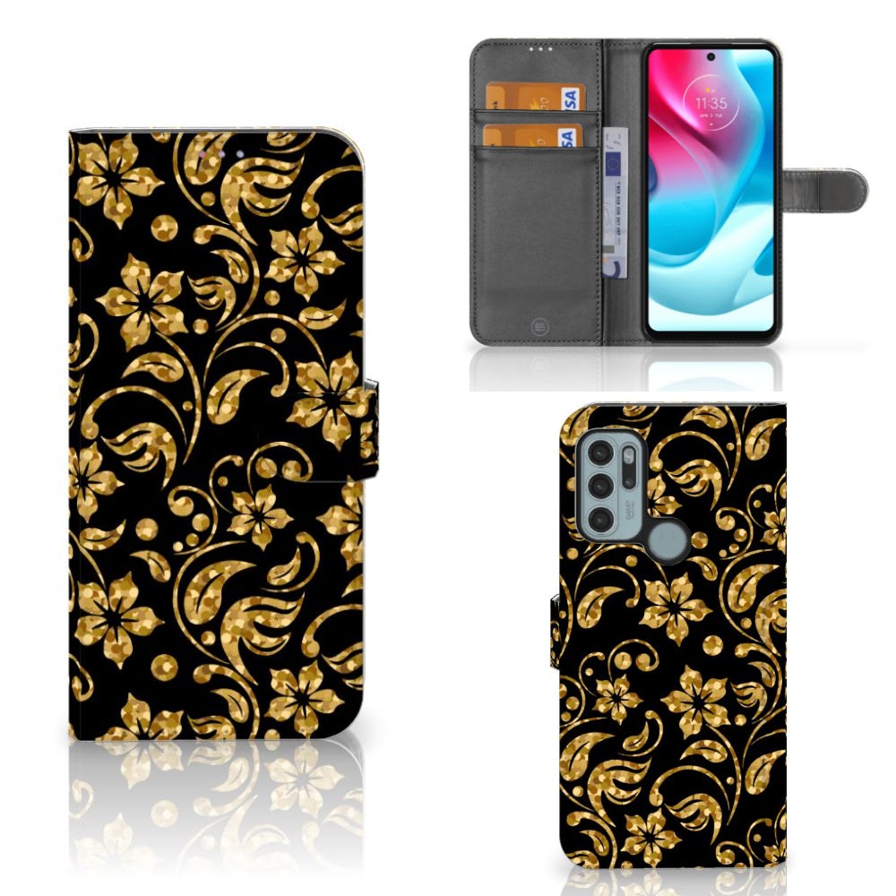 Motorola Moto G60s Hoesje Gouden Bloemen