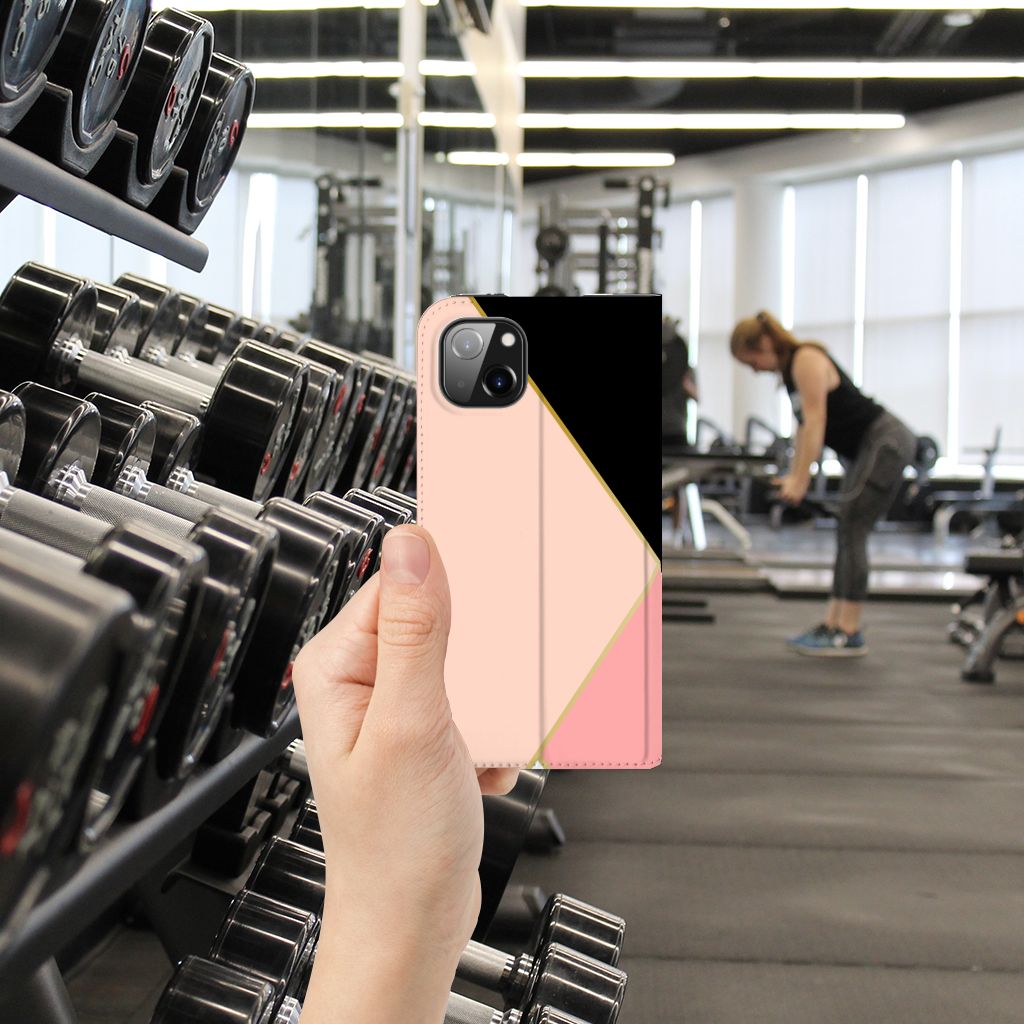 iPhone 14 Plus Stand Case Zwart Roze Vormen