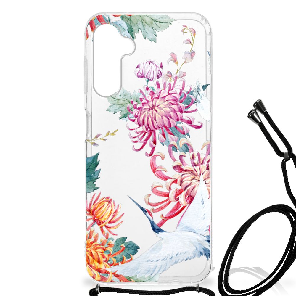 Samsung Galaxy A14 5G Case Anti-shock Bird Flowers with floral design and strap.