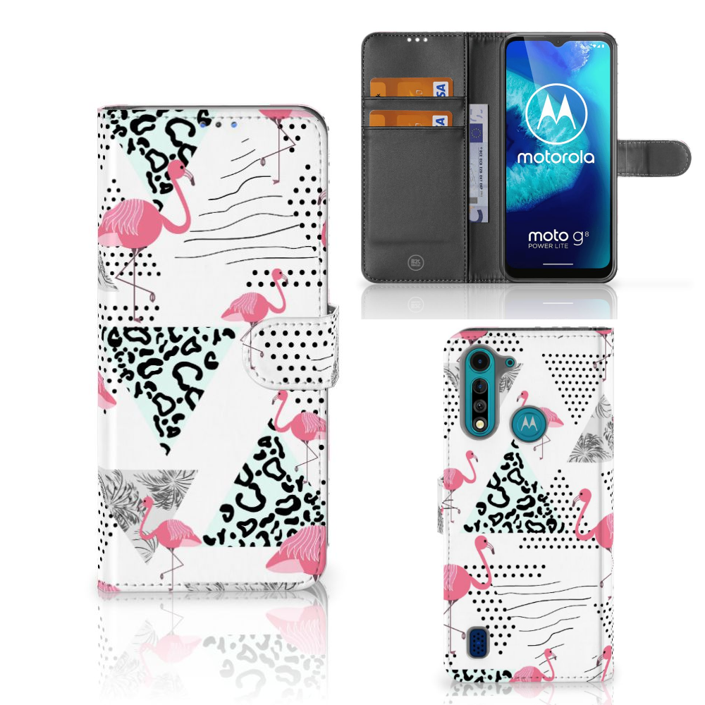 Motorola G8 Power Lite Telefoonhoesje met Pasjes Flamingo Triangle