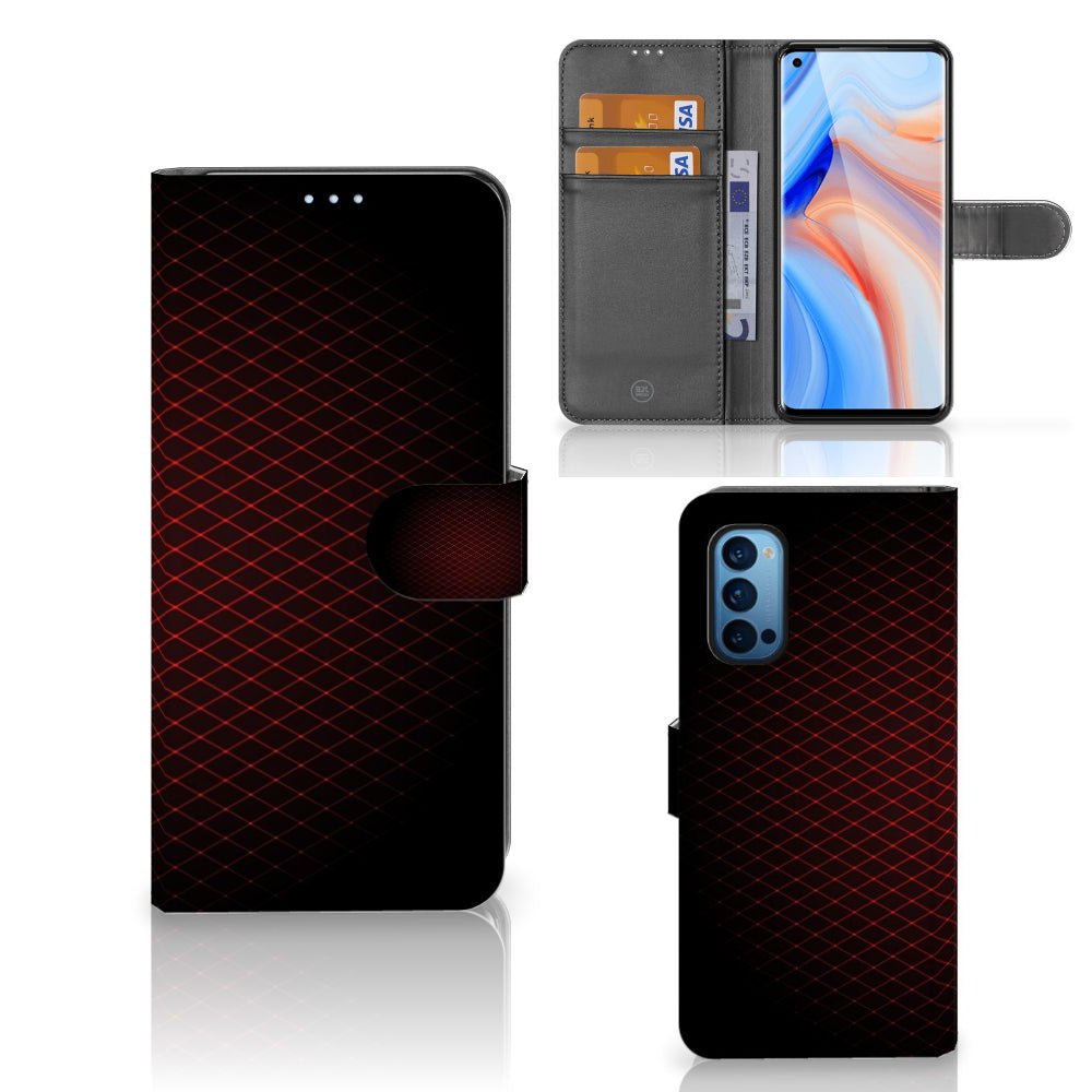 OPPO Reno 4 Pro 5G Telefoon Hoesje Geruit Rood met ruimte voor 3 pasjes en een minimalistisch design.