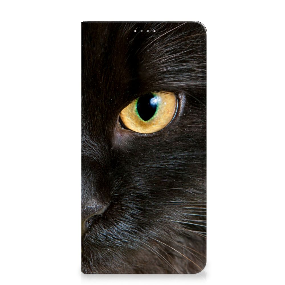 Samsung Galaxy A14 4G Hoesje maken Zwarte Kat - Detail van een zwarte kat met gouden ogen op het design hoesje.