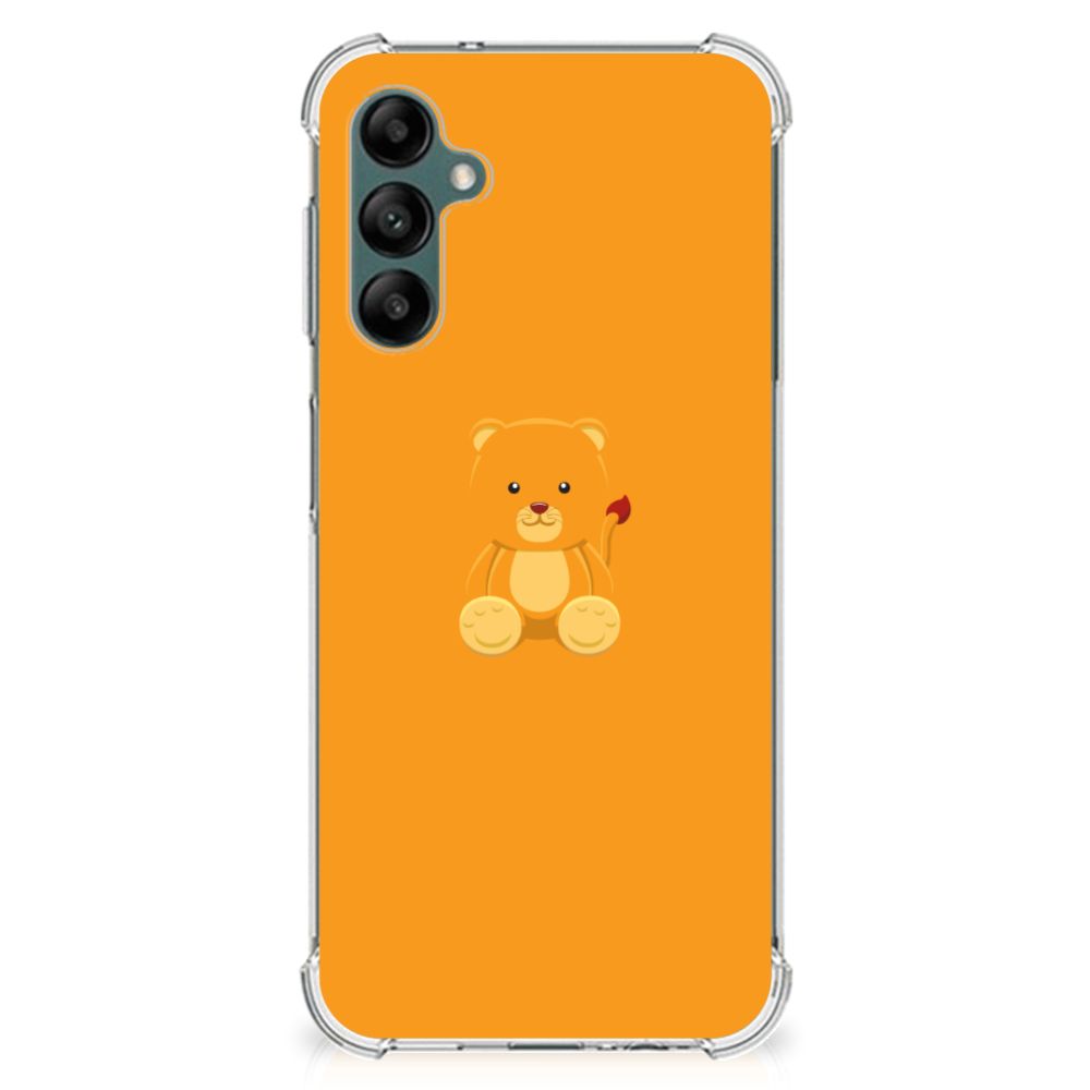 Samsung Galaxy A14 5G/4G Stevig Bumper Hoesje Baby Beer met schattige babybeer op oranje achtergrond.