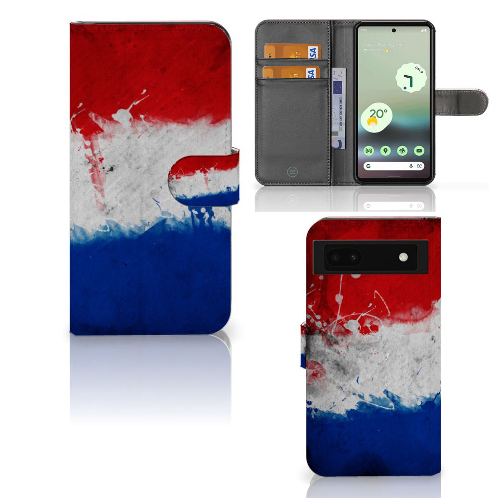 Google Pixel 6A Bookstyle Case Nederland met design van de Nederlandse vlag, biedt bescherming en stijl.