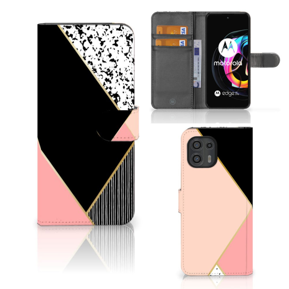 Motorola Edge 20 Lite Book Case Zwart Roze Vormen