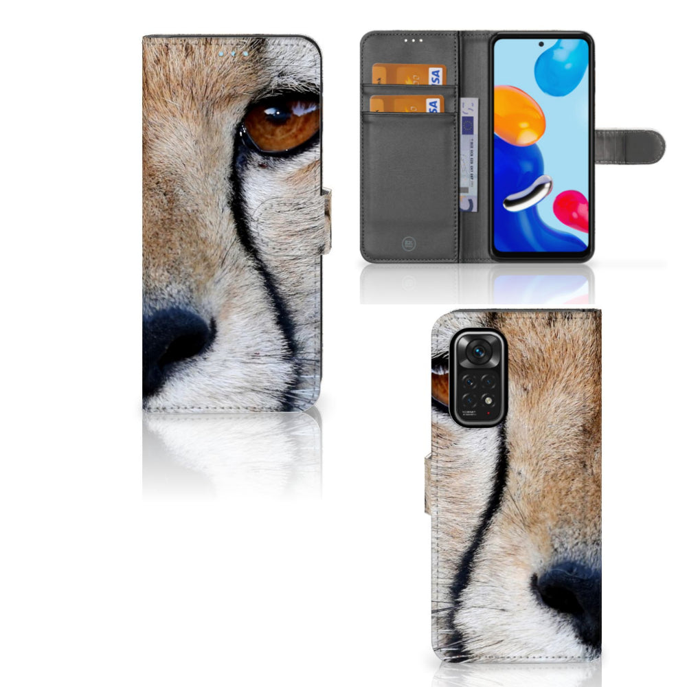 Xiaomi Redmi Note 11/11S Telefoonhoesje met Pasjes Cheetah met close-up van cheeta en ruimte voor 3 pasjes.