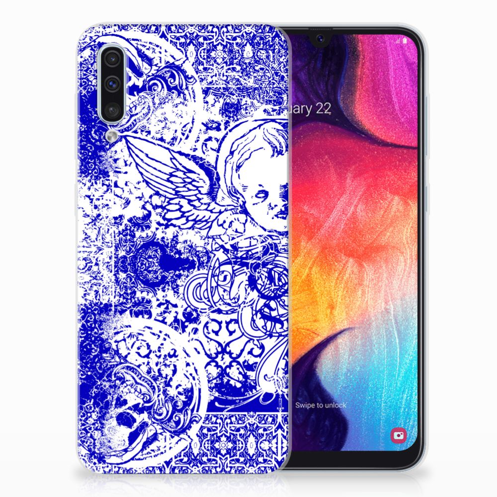Silicone Back Case Samsung Galaxy A50 Angel Skull Blauw