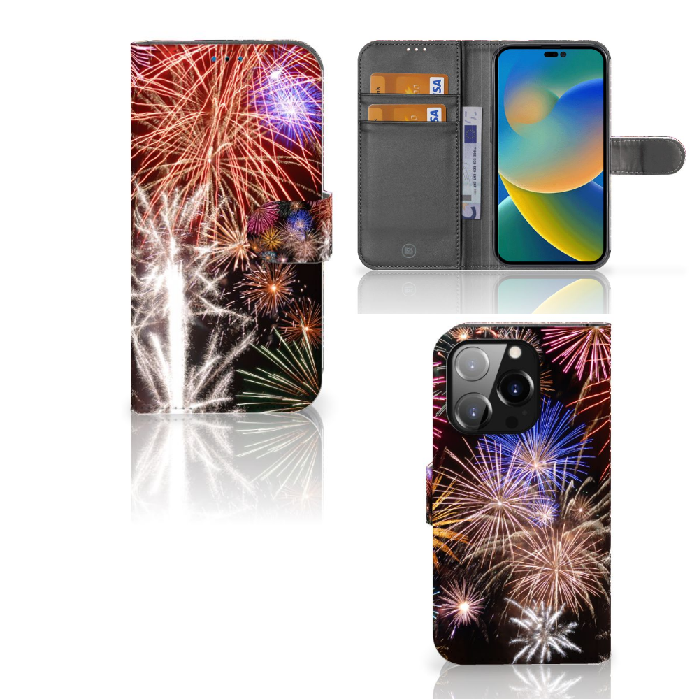 iPhone 14 Pro Wallet Case met Pasjes Vuurwerk in kleurrijke vuurwerkprint đ met ruimte voor pasjes.