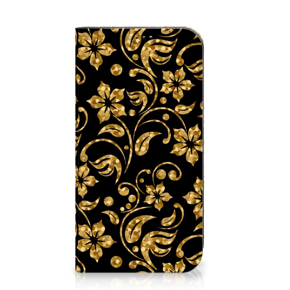 iPhone 15 Smart Cover Gouden Bloemen met een elegant gouden bloemen design op een zwarte achtergrond.