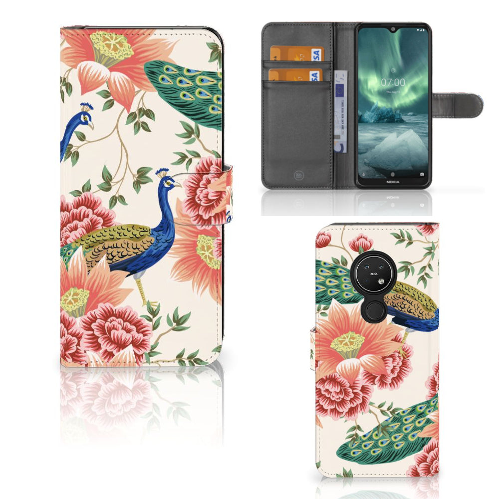 Telefoonhoesje met Pasjes voor Nokia 7.2 | Nokia 6.2 Pink Peacock