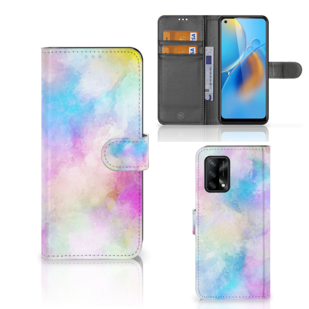 Hoesje OPPO A74 4G Watercolor Light met pasjeshouder in pastelkleuren met unieke watercolorprint.