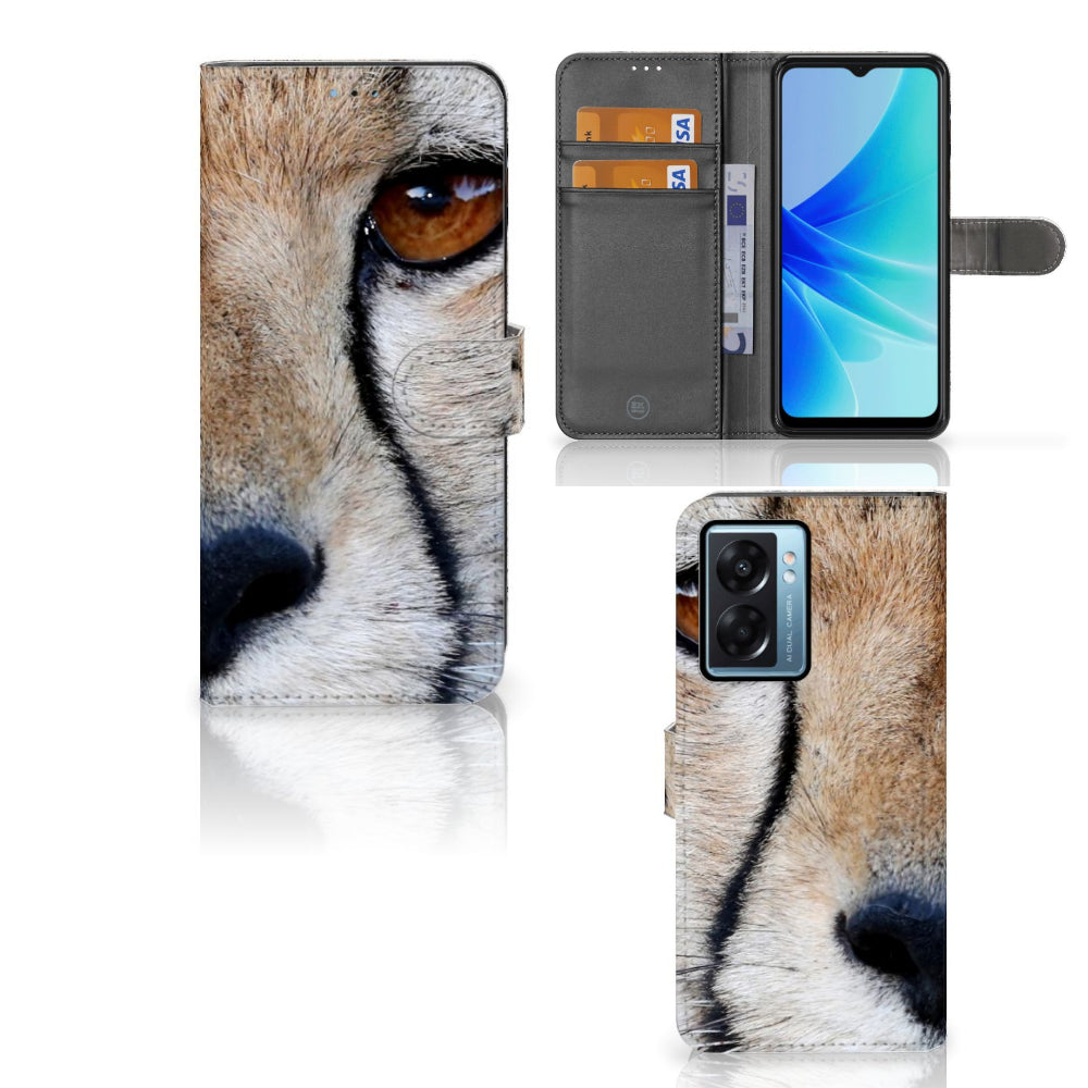 OPPO A77 5G | A57 5G Telefoonhoesje met Pasjes Cheetah met close-up van een cheeta oog.