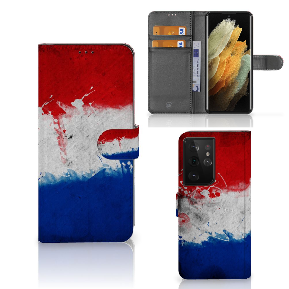 Samsung Galaxy S21 Ultra Bookstyle Case Nederland met artistiek design van de Nederlandse vlag.