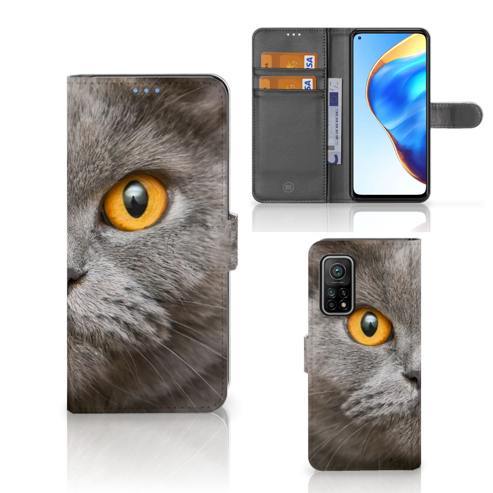 Telefoonhoesje met Pasjes Xiaomi Mi 10T Pro | Mi 10T Britse Korthaar met afbeelding van kat met gele ogen.
