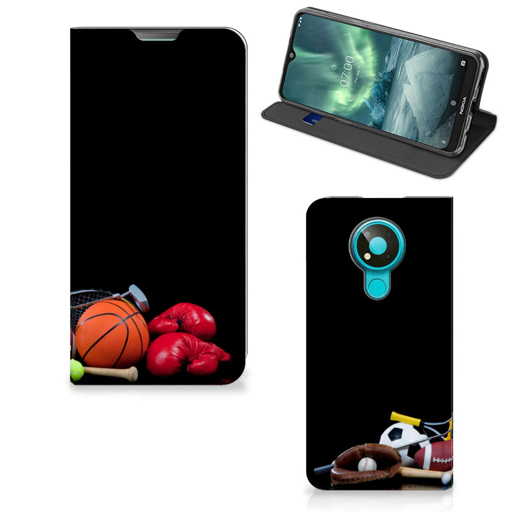 Nokia 3.4 Hippe Standcase Sports featuring sports equipment like basketball, boxing gloves, and soccer ball.