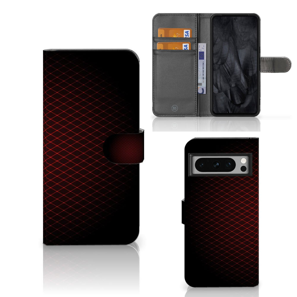 Google Pixel 8 Pro Telefoon Hoesje Geruit Rood met ruimte voor 3 pasjes en opvallend design.