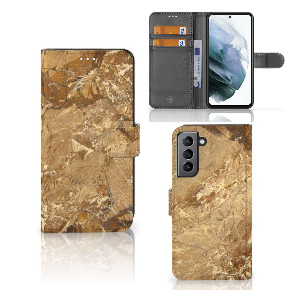 Samsung Galaxy S21 FE Bookcase Marmer Creme met pasjes en luxueuze marmerprint.