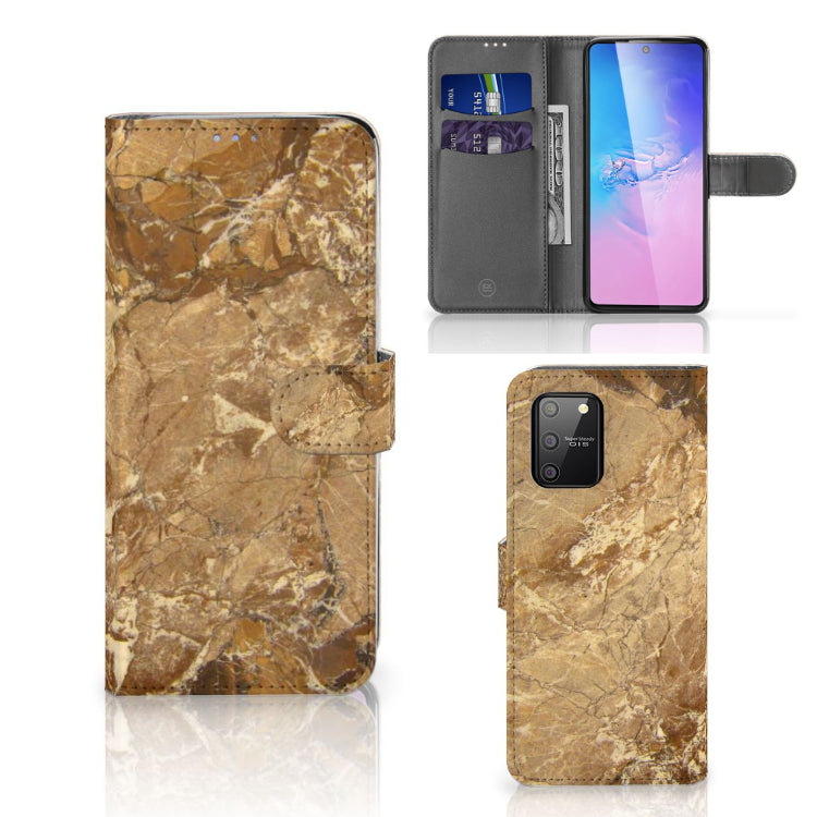 Samsung S10 Lite Bookcase Marmer Creme in marmerlook, met pasjeshouder en TPU-siliconen bescherming.