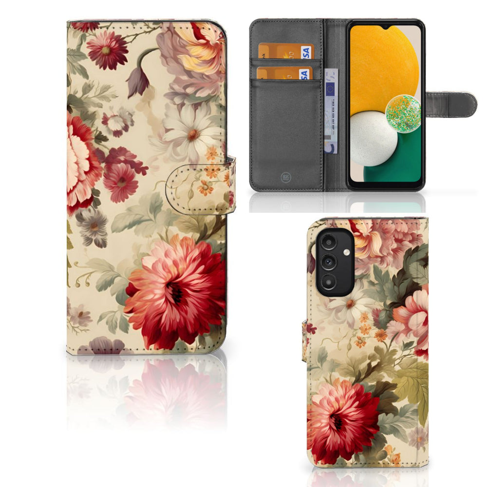 Hoesje voor Samsung Galaxy A14 4G Bloemen met kleurrijke bloemenprint en ruimte voor drie pasjes.