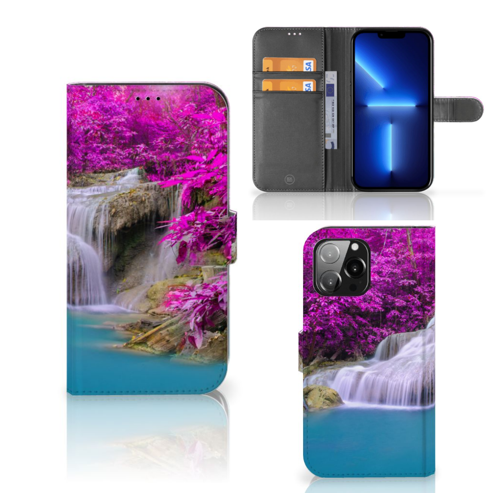 iPhone 13 Pro Max Flip Cover Waterval met kalme waterval en paarse bomen, creÃĢert een prachtig en kleurrijk ontwerp.