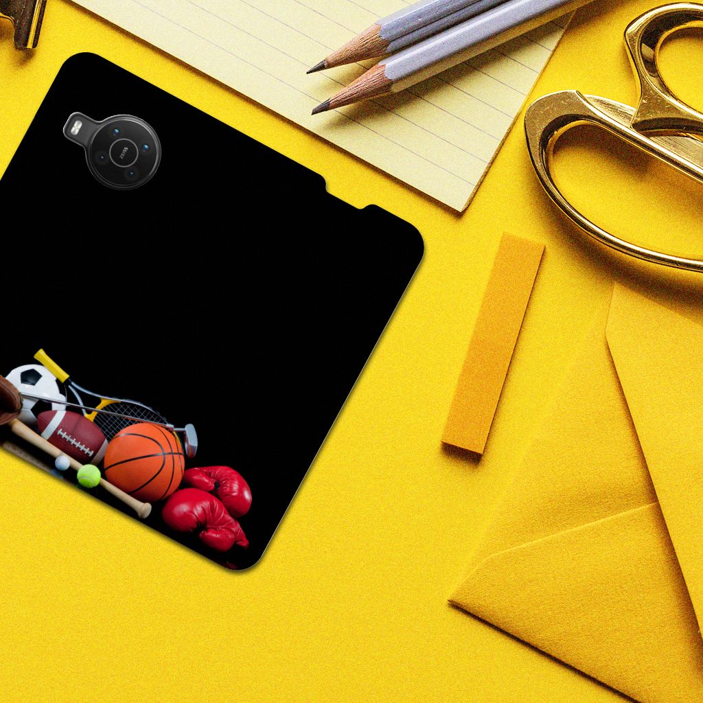 Nokia X20 | X10 Hippe Standcase Sports design with various sports equipment on a vibrant background.