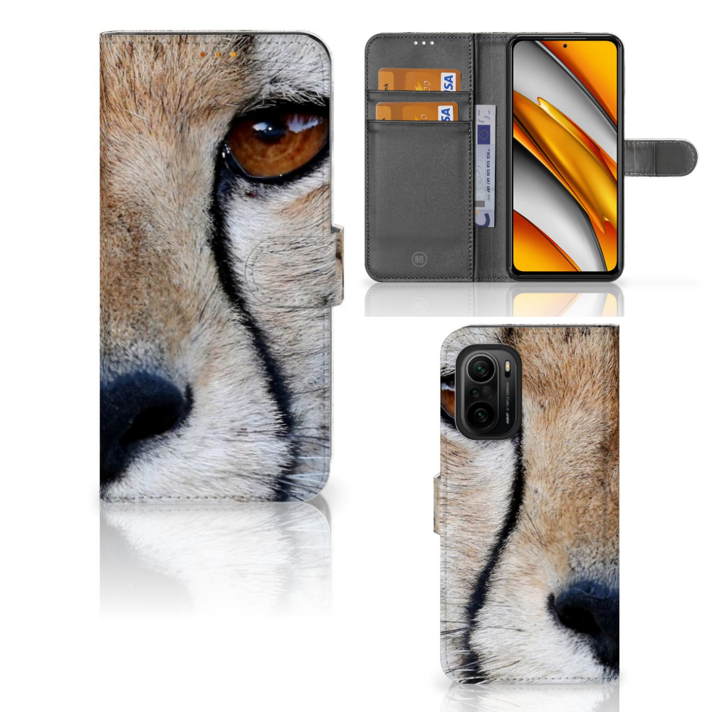 Poco F3 | Xiaomi Mi 11i Telefoonhoesje met Pasjes Cheetah met close-up van cheeta en ruimte voor 3 pasjes
