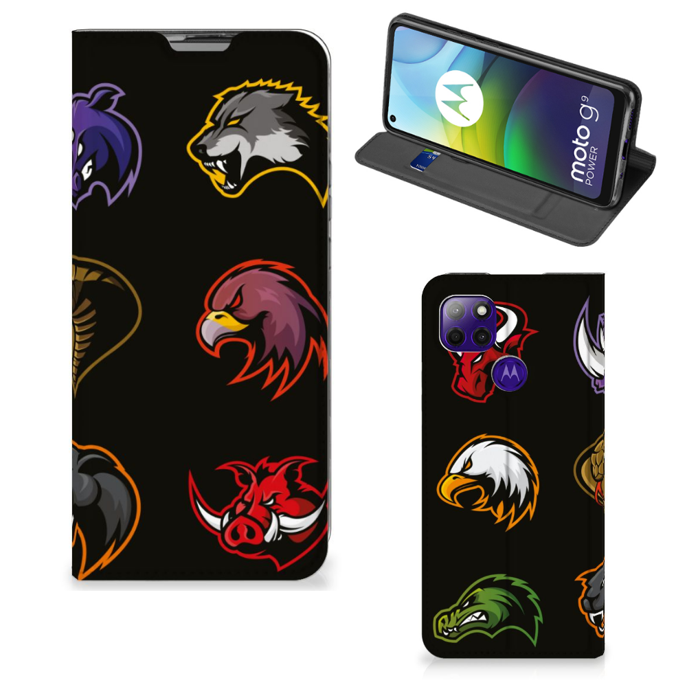 Motorola Moto G9 Power Magnet Case Cartoon met dierenkoppen in levendige kleuren.