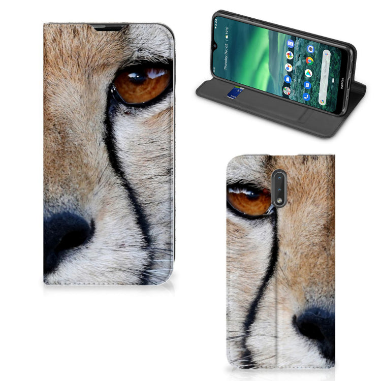Nokia 2.3 Hoesje maken Cheetah met close-up van cheetah gezicht en smartphone in stand case.