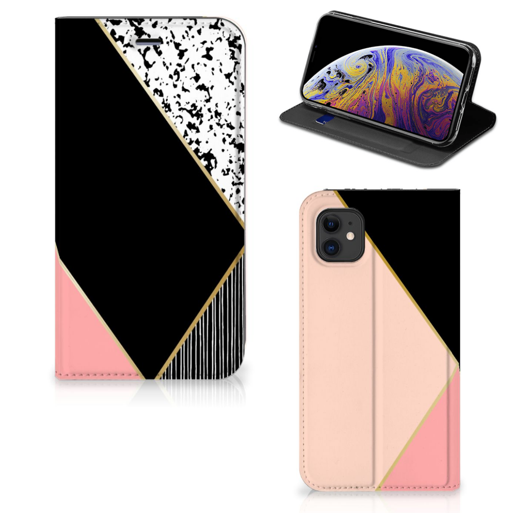 Apple iPhone 11 Stand Case Zwart Roze Vormen