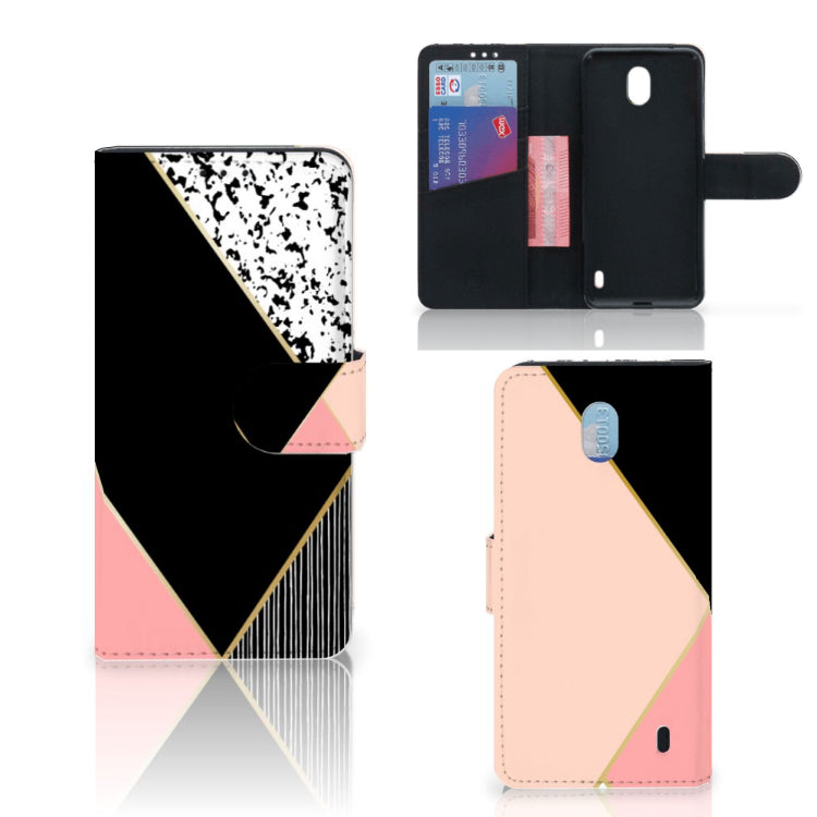 Nokia 1 Plus Book Case Zwart Roze Vormen