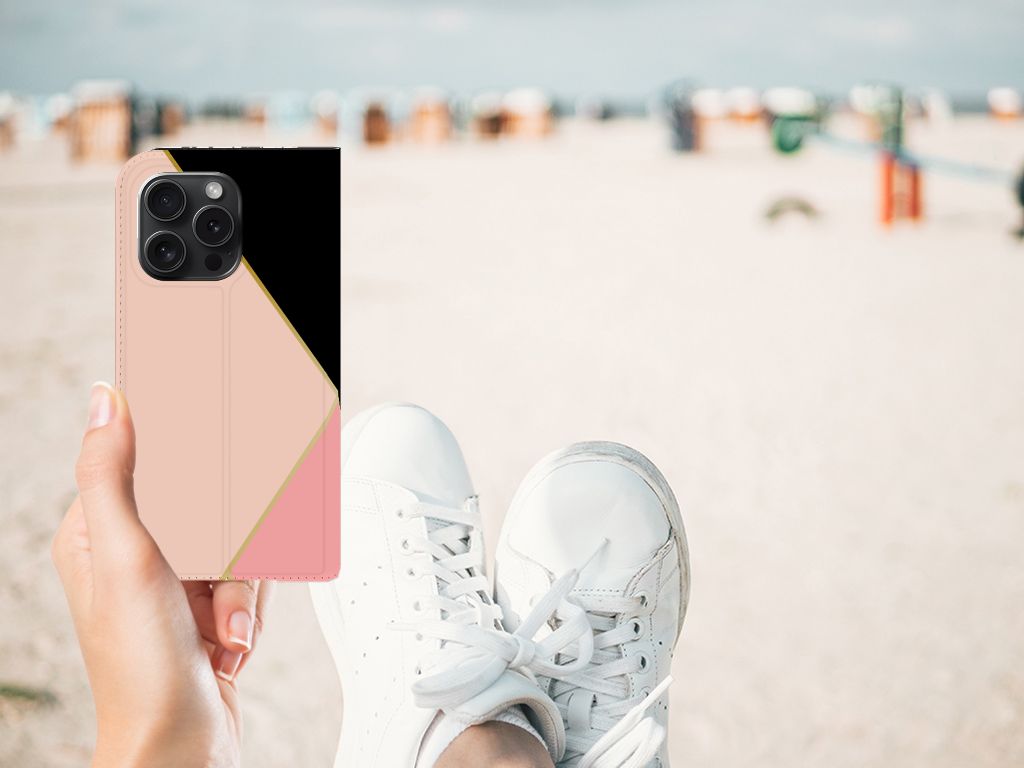 iPhone 15 Pro Stand Case Zwart Roze Vormen met geometrische vormen, trendy en stijlvol, perfect voor bescherming. 🖤🌸
