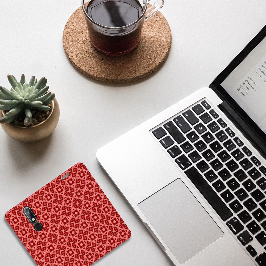 Nokia 7.1 (2018) Hoesje met Magneet Batik Rood