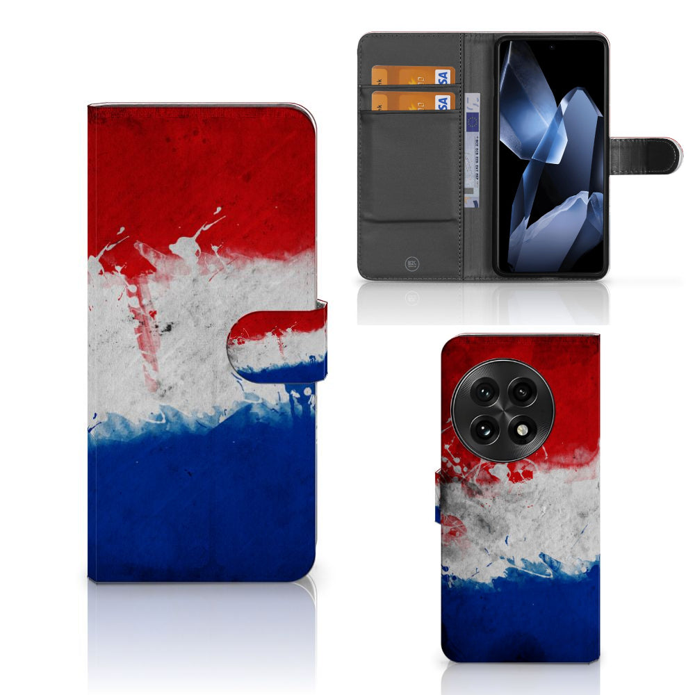 OnePlus 13 Bookstyle Case Nederland met artistiek design van de Nederlandse vlag en ruimte voor pasjes.