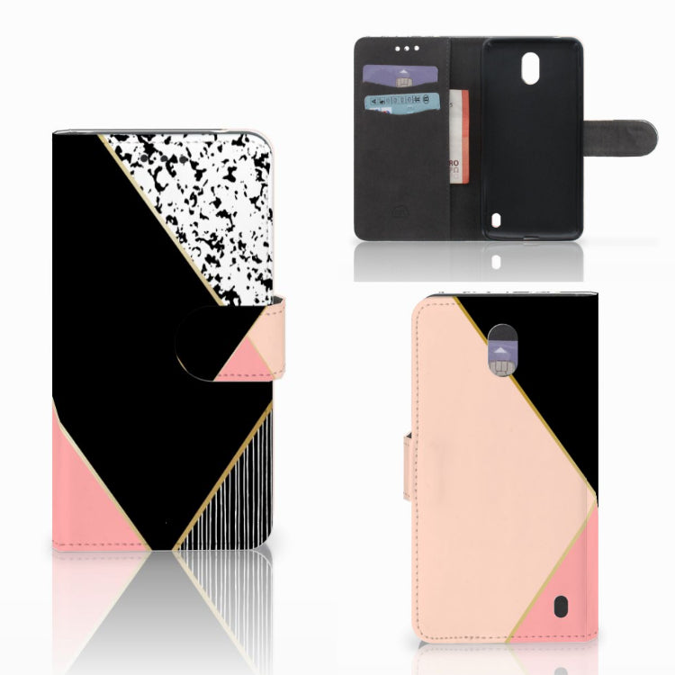 Nokia 2 Book Case Zwart Roze Vormen