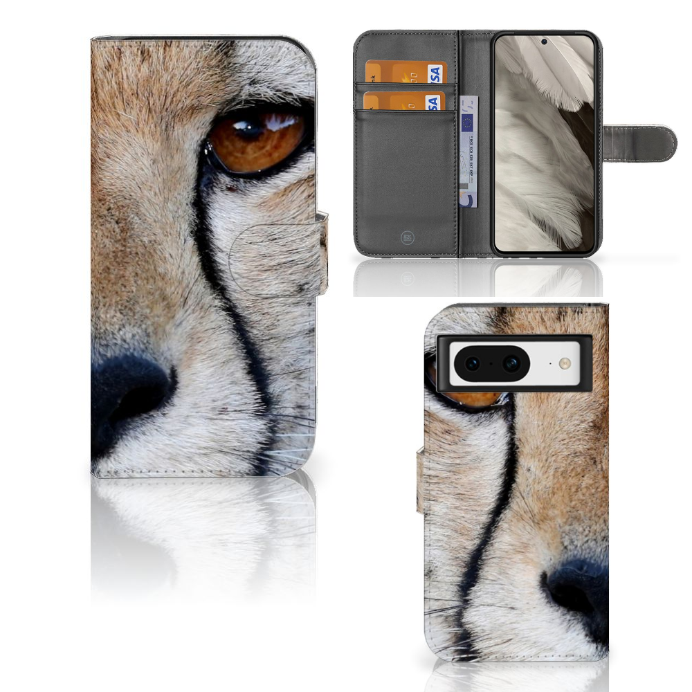 Google Pixel 8 Telefoonhoesje met Pasjes Cheetah met close-up van cheeta-ontwerp en pasjesruimte