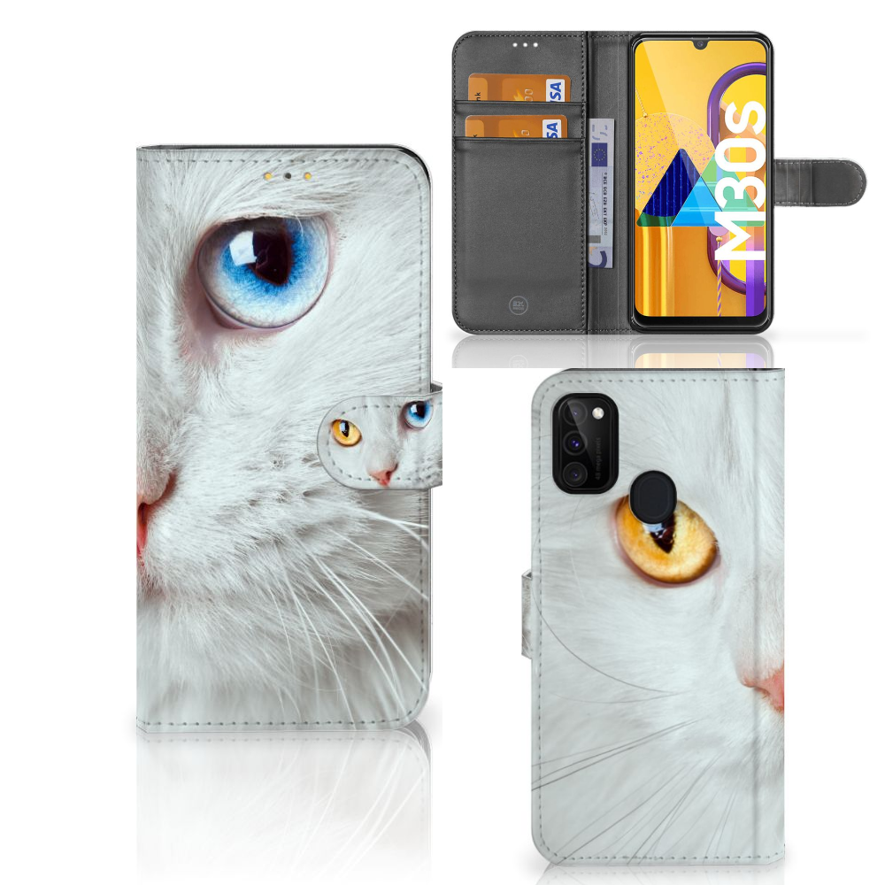 Samsung Galaxy M21 | M30s Telefoonhoesje met Pasjes Witte Kat