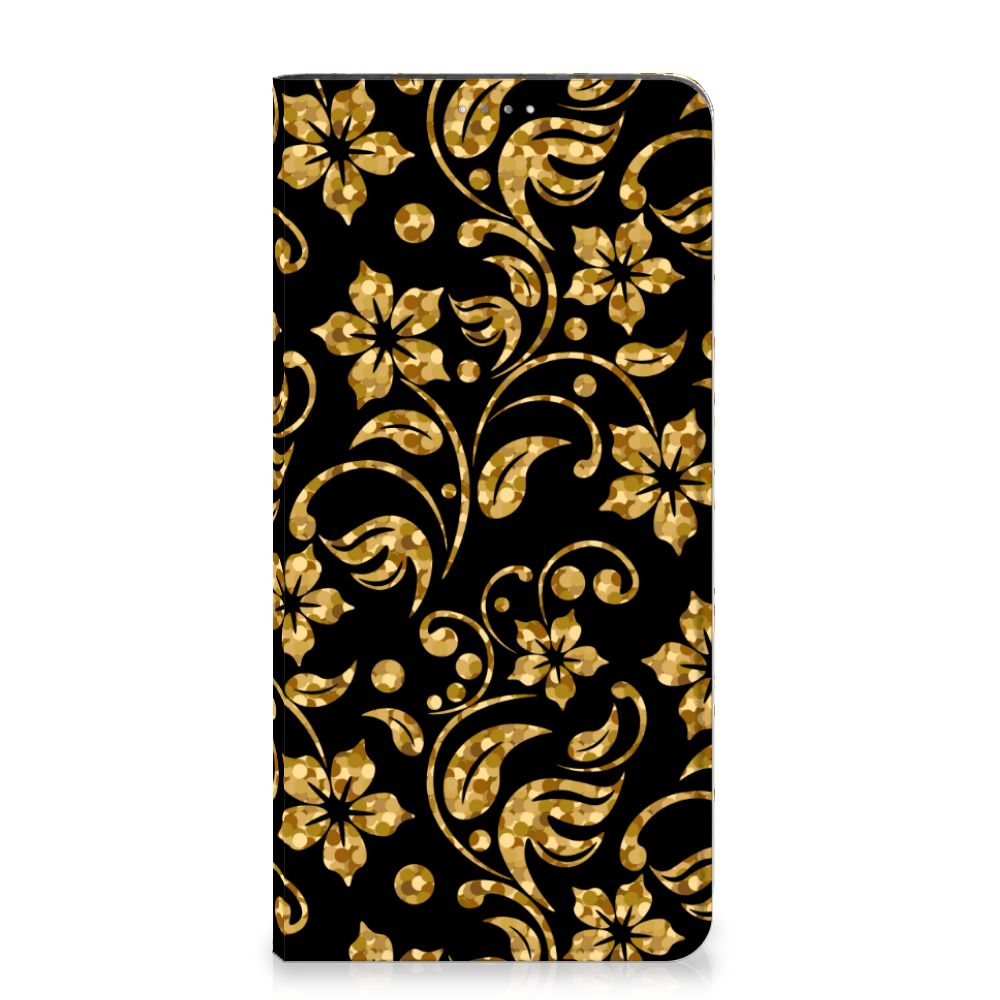 Samsung Galaxy A14 5G Smart Cover Gouden Bloemen met elegant zwart en gouden bloemendessin