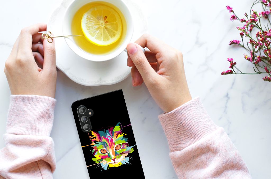 Samsung Galaxy A14 4G Magnet Case Cat Color design displayed with a cup of tea and lemon.