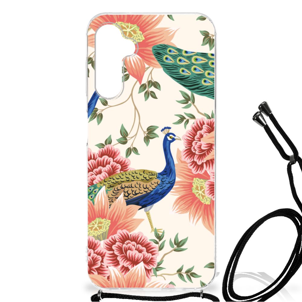 Case Anti-shock voor Samsung Galaxy A14 5G Pink Peacock met kleurrijke pauwen en bloemenontwerp.
